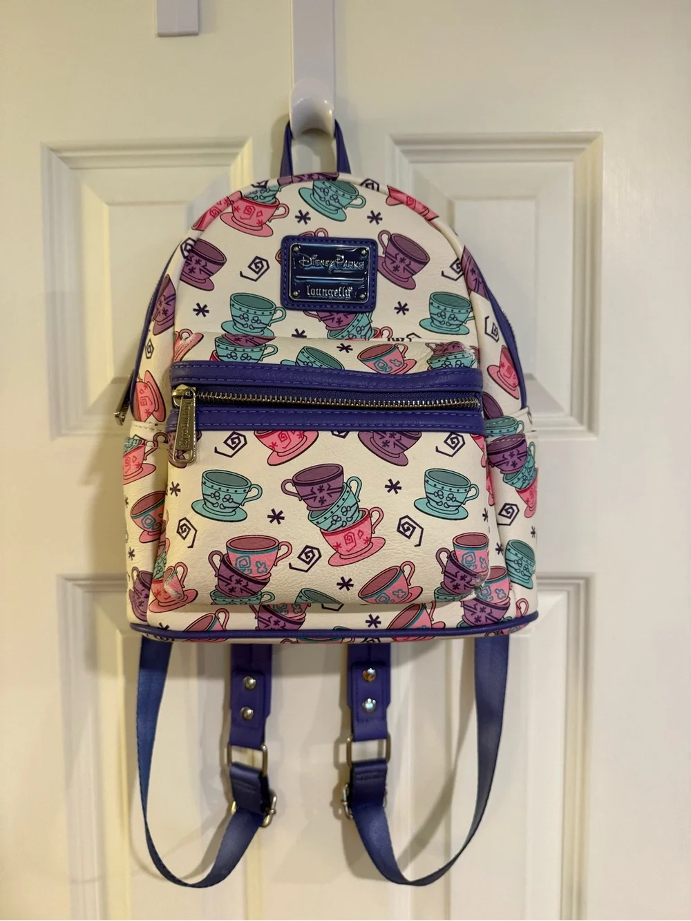 Loungefly Disney Teacup Pattern Mini Backpack in White, Purple, Pink, Teal